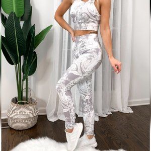 Zella Women Marble White Gray Leggings High Waisted Rise Athletic Gym Yoga